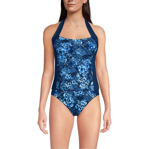 Land's End Seamed v-neck halter tankini top two ties deep navy mosaic floral 14 - Picture 1 of 3